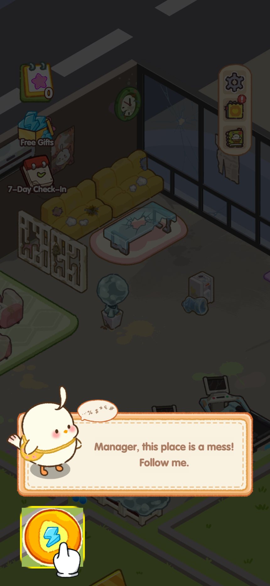 Tutorial: the manager is shown a messy gym